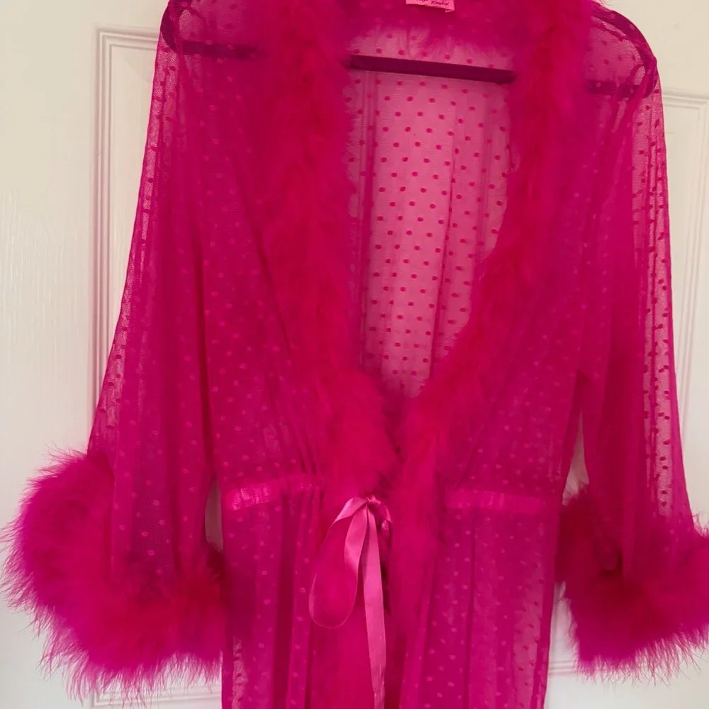 Betsey Johnson Pink Sheer Robe with Feather Boa Trim - Picture 3 of 11